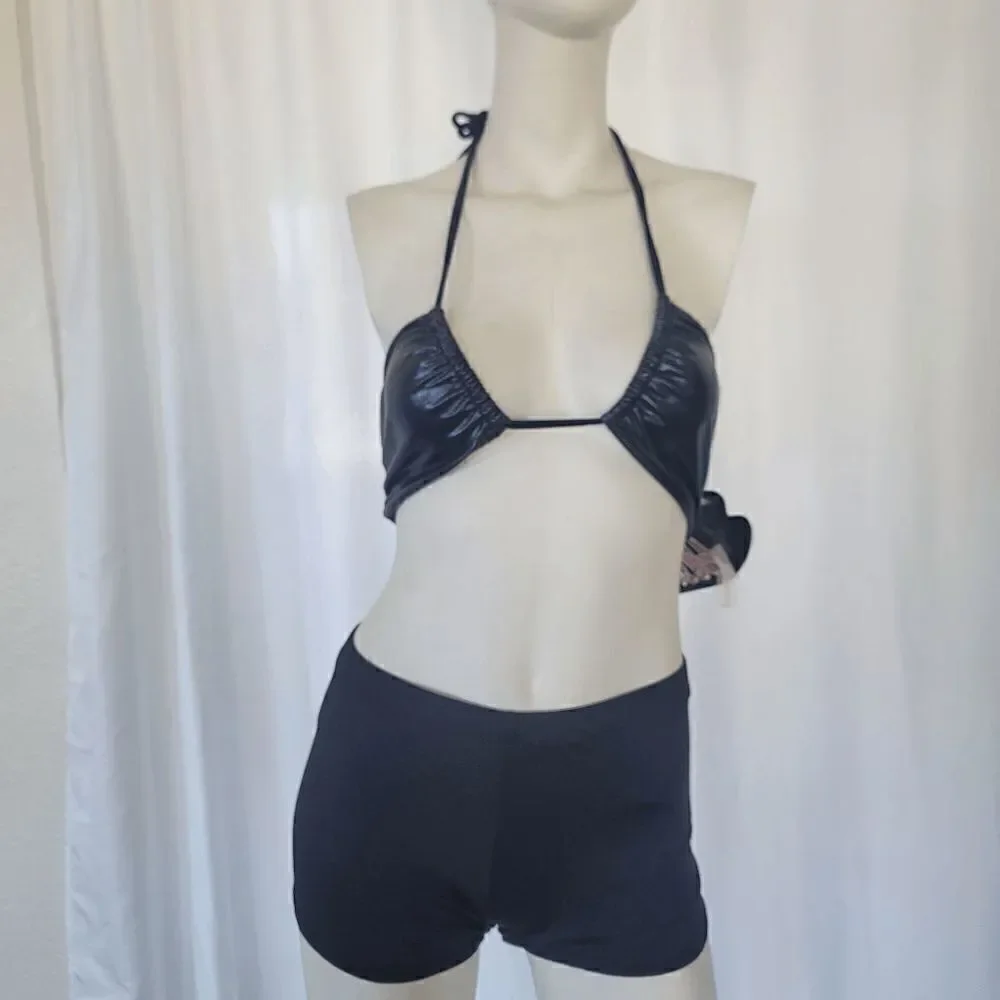 Beach Bunny womens metallic navy bikini top open tie back size XS